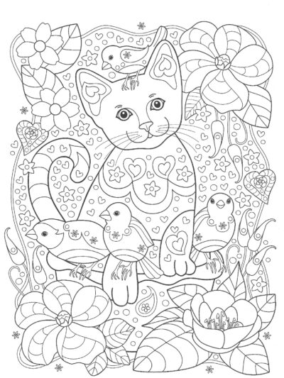 Кот и воробьи в саду